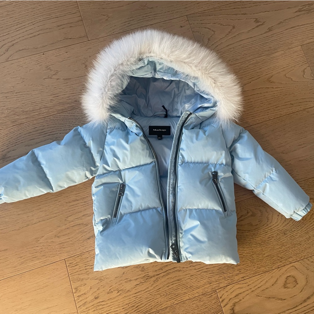 Mackage Light Blue Puffer Jacket with White Fox Fur